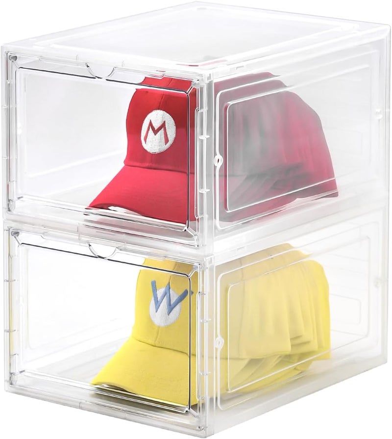 Uni HIMO 2 Pack Hat Organizer Box，Clear Storage Box,Stackable Clear Hat Storage with Magnetic Door, Holds 10 Hats Each - Image 1